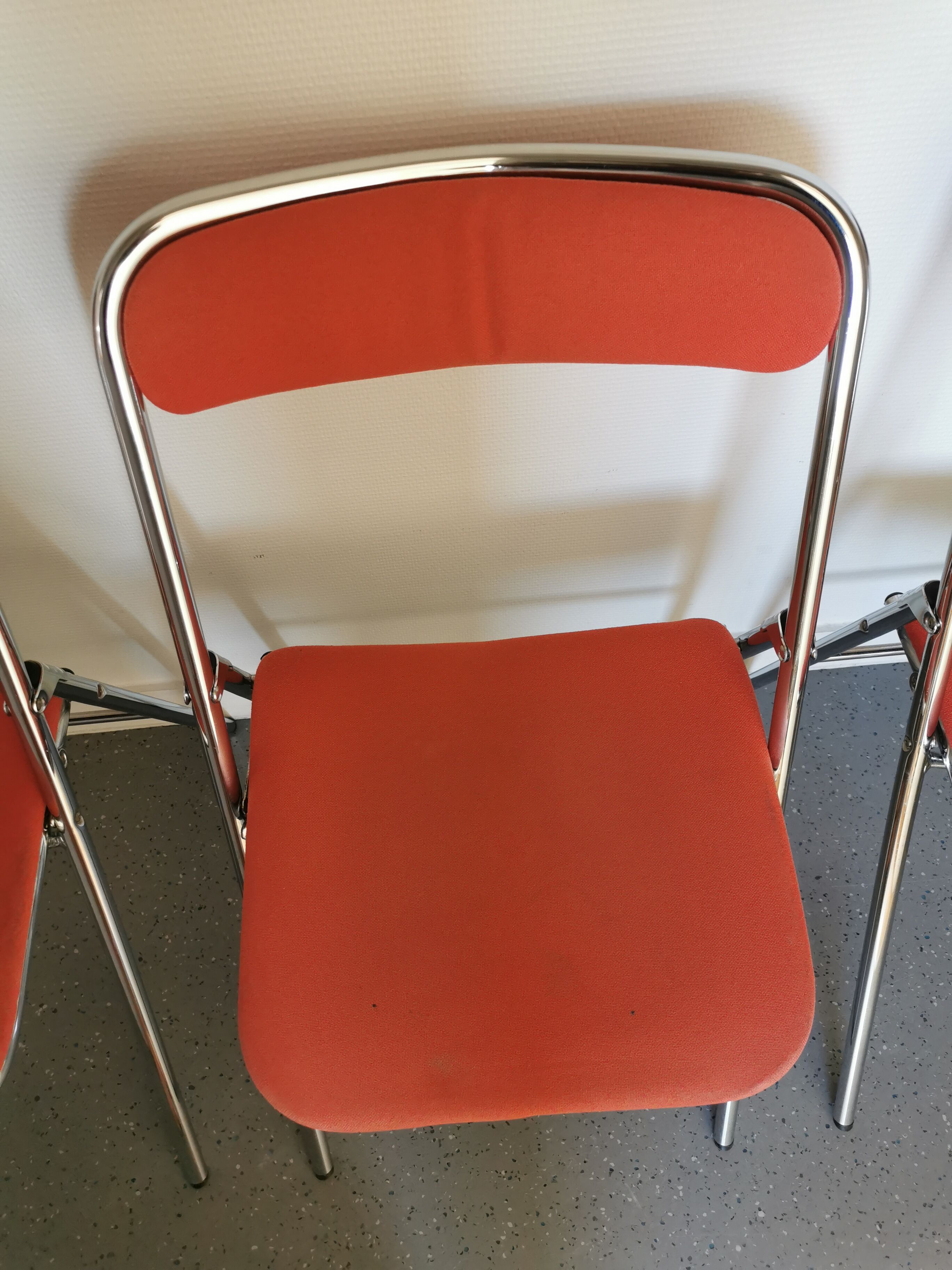 4 red and chrome folding chairs, Plichaise by Souvignet, France, 1970