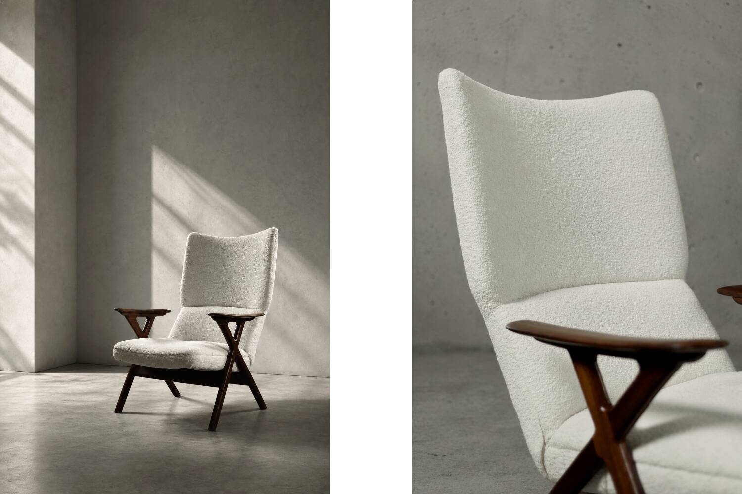 Vintage Mid-Century Norwegian Modern Teak & Boucle Fabric High Lounge Chair