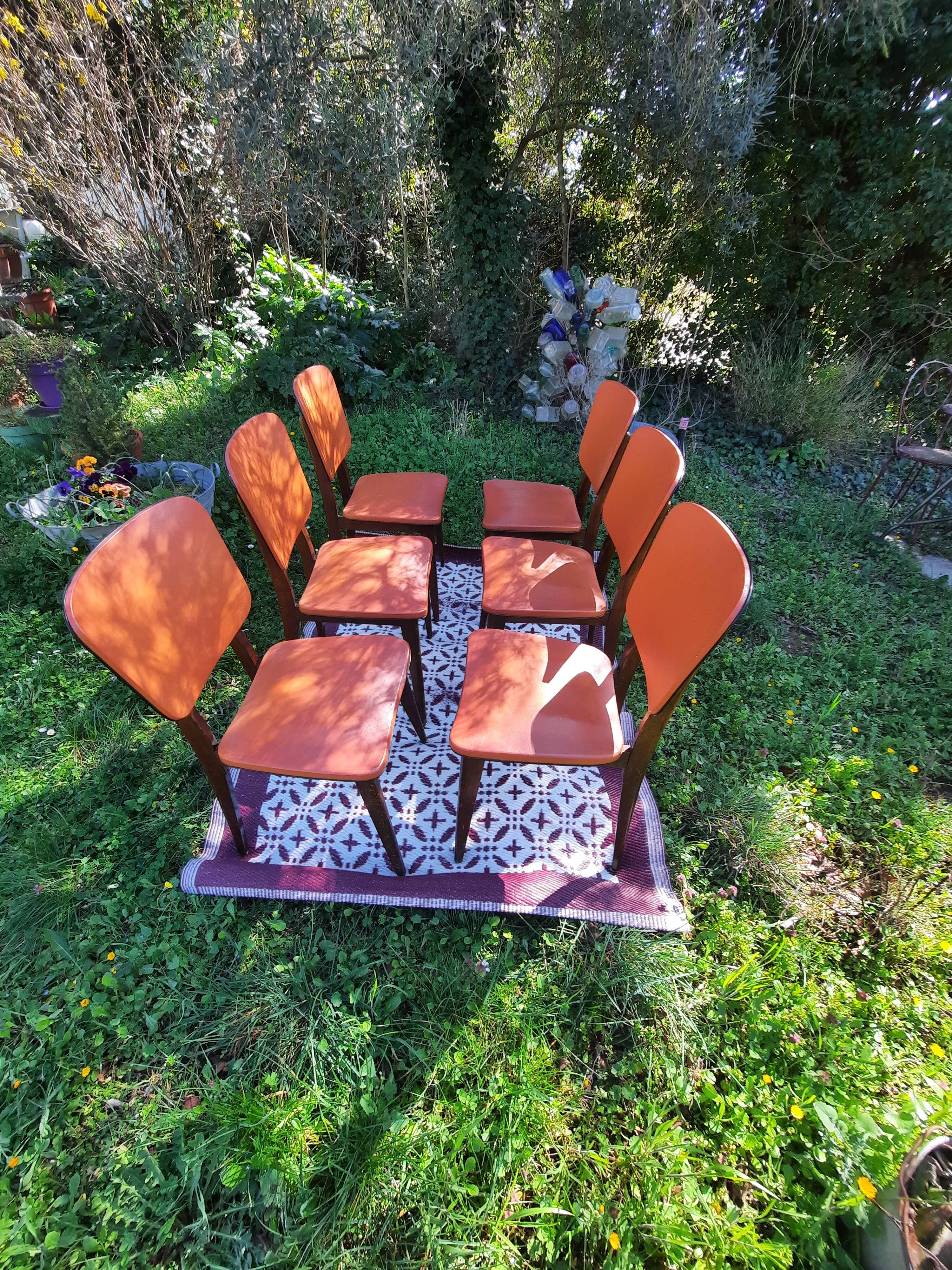 Set of 6 orange skai and wood chairs from the 60s
