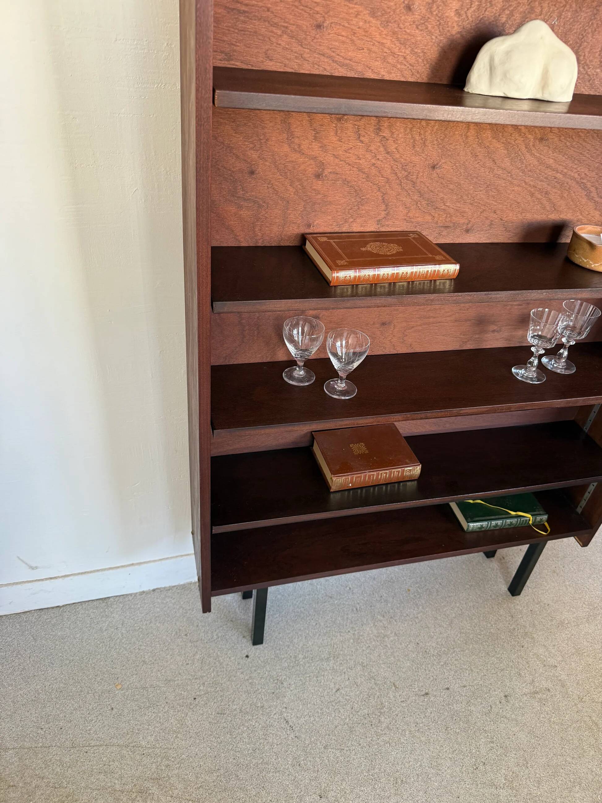 Vintage veneer bookcase with metal legs
