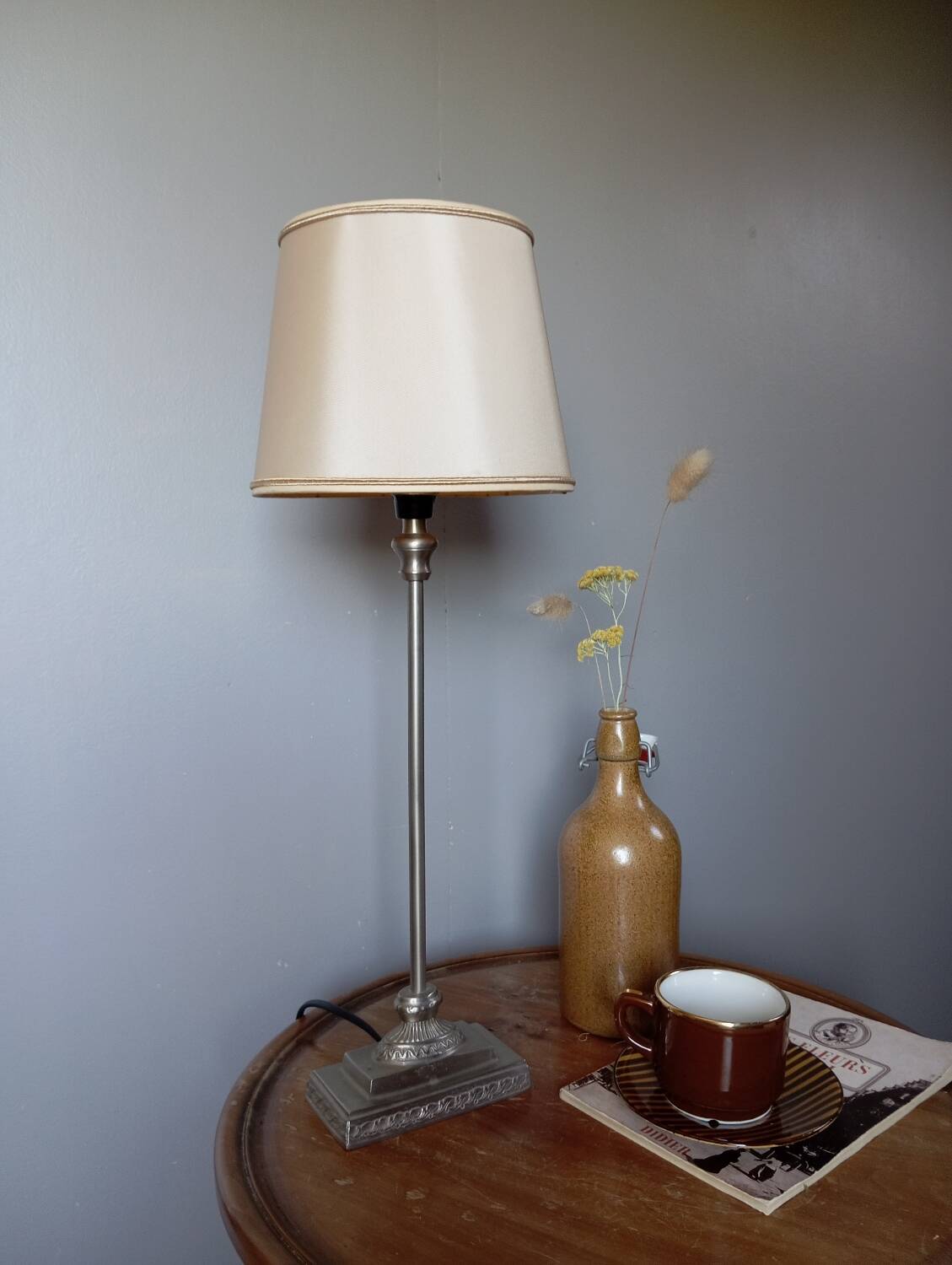 Silver metal living room lamp, cream shade, 1950s