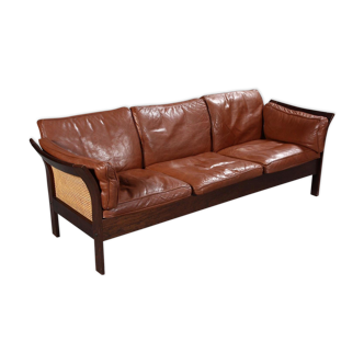 Brown bufallo leather and rattan sofa by Georg Thams, Denmark 1970s