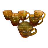 Set of 6 antique amber blown glass cups + vintage handle
