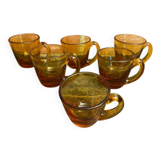 Série 6 tasses anciennes verre soufflé ambré + anse vintage