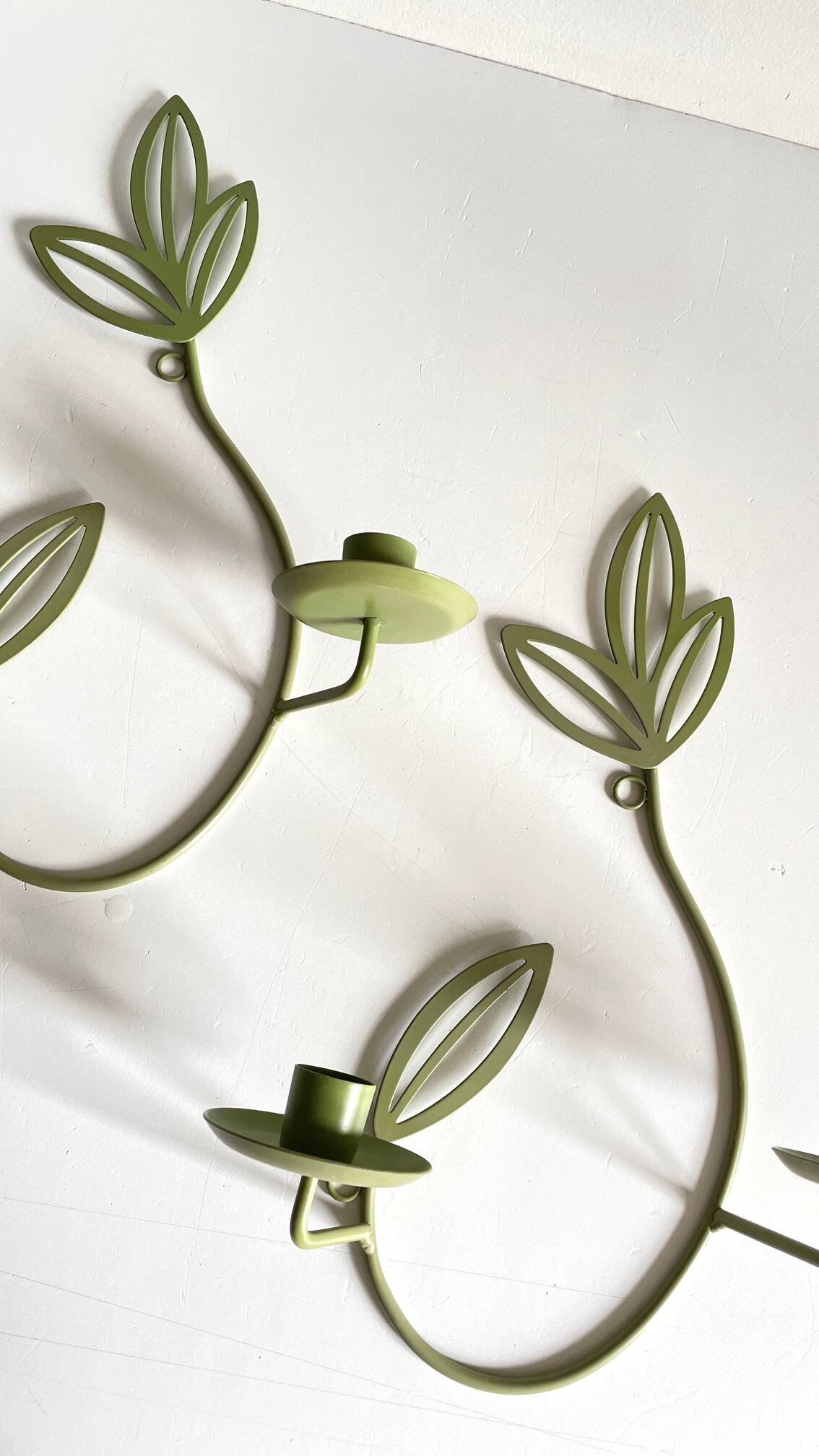 Wall Candle Holder, Green Metal Leaves