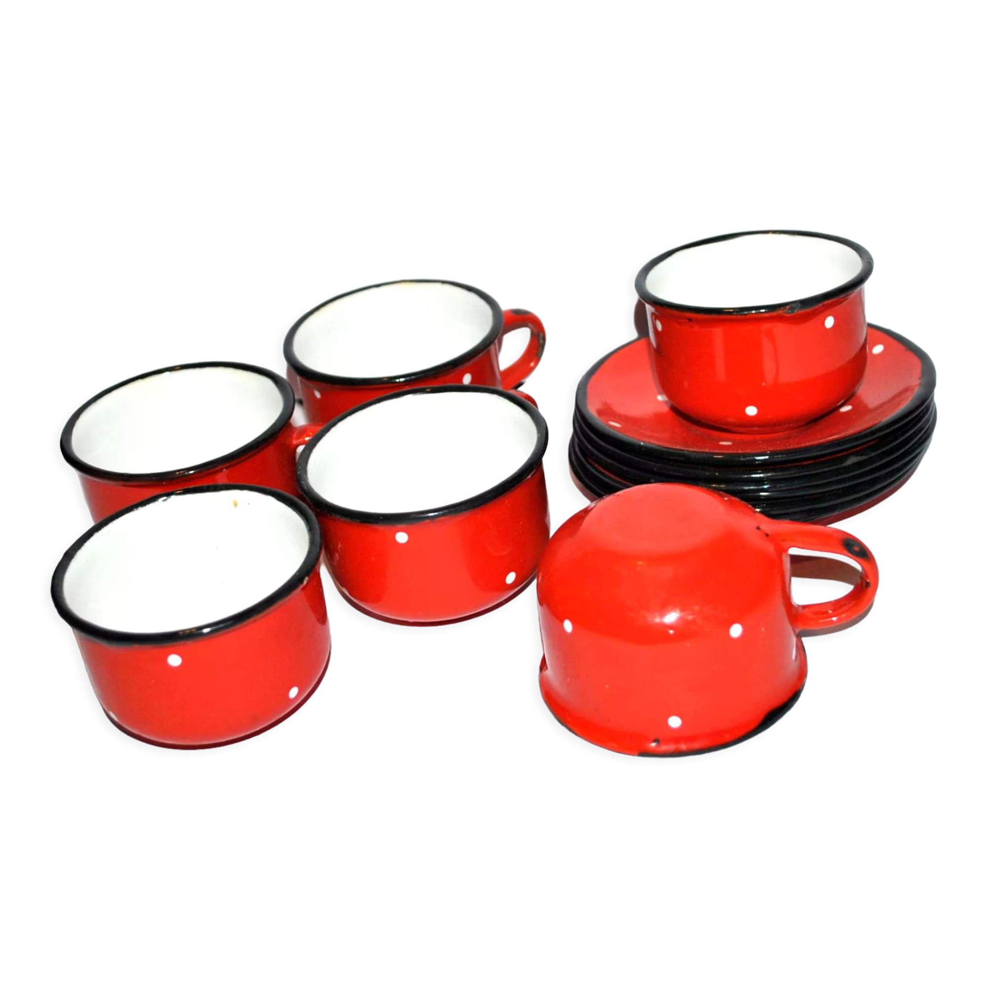 Set of 6 cups in red enamelled metal with vintage polka dots 1950-1960
