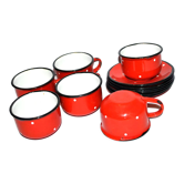 Set of 6 cups in red enamelled metal with vintage polka dots 1950-1960