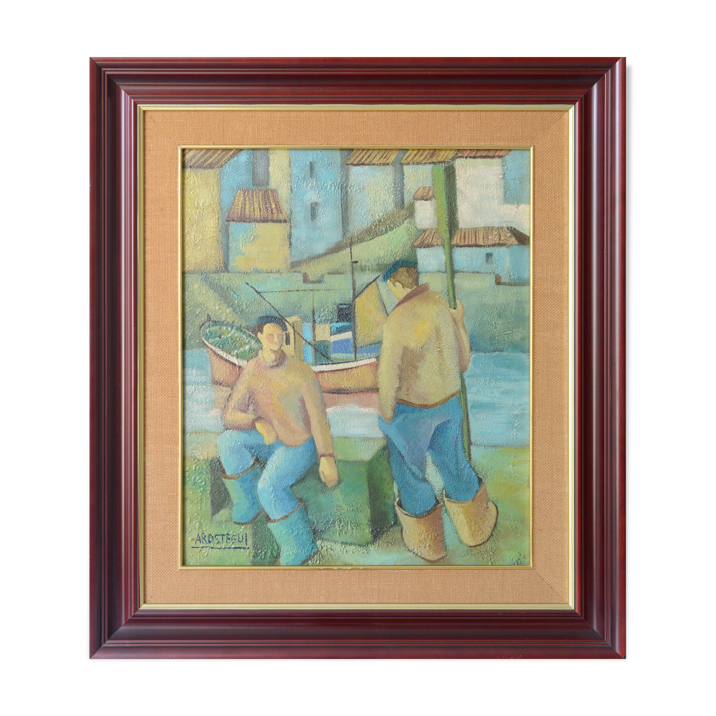 Two fishermen - cubist influenced oil - jose ramon arostegui