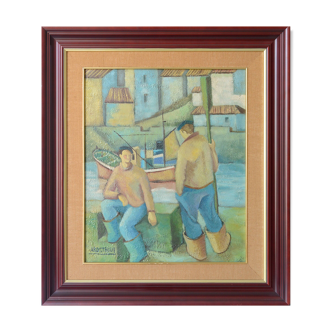 Two fishermen - cubist influenced oil - jose ramon arostegui