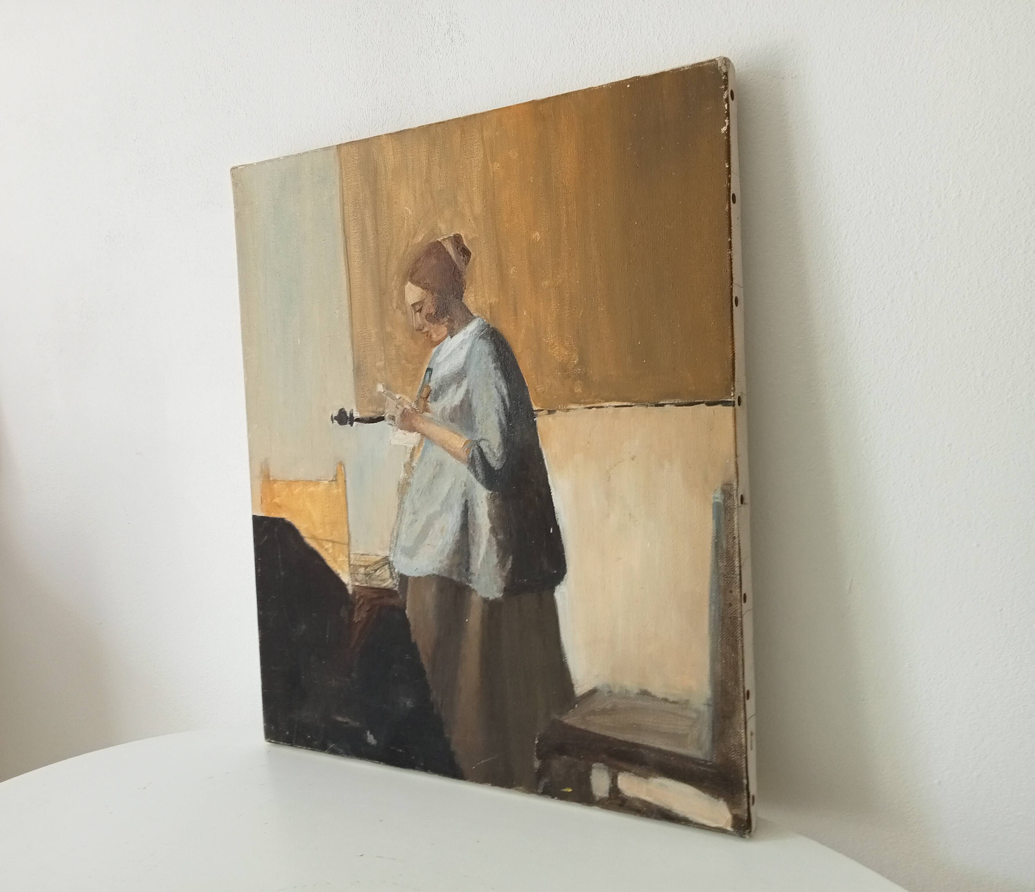 Oil on canvas "Woman in Blue Reading a Letter" after Vermeer