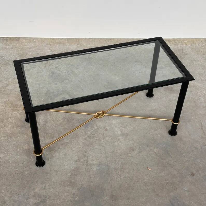 Vintage Coffee Table in Textured Black Wrought Iron and Glass with Gold Detail, 1970s
