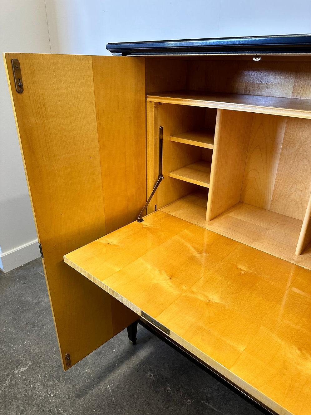 Exquisite 1950s neoclassical sycamore secretaire by Frères De Coene, Belgium.
