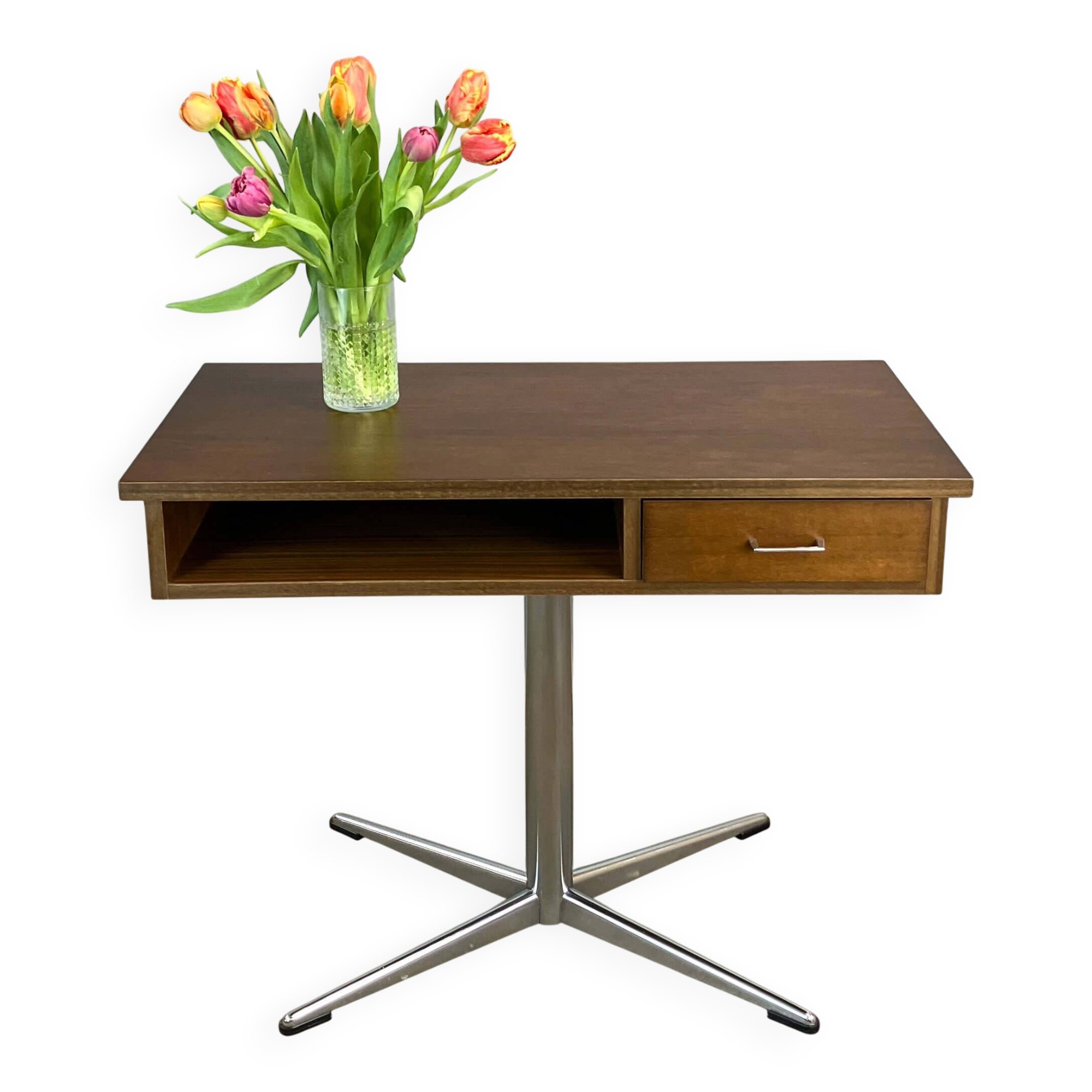 Swivel TV stand/side table, chrome frame with dark walnut, 1970s