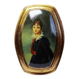 Small vintage Venetian oil on wood convex medallion portrait.