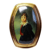 Small vintage Venetian oil on wood convex medallion portrait.