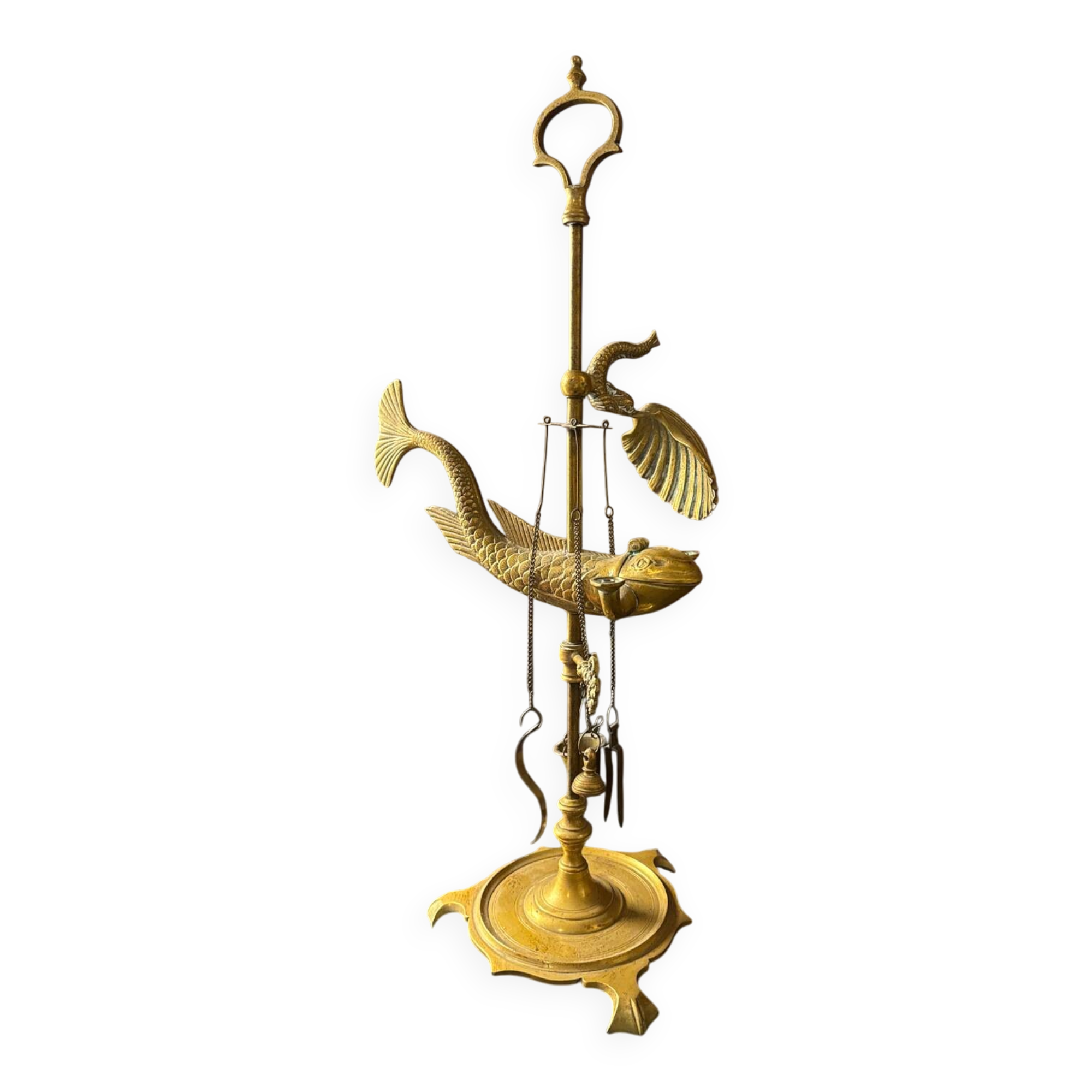 Antique brass oil lamp with fish decoration – marine object – cabinet