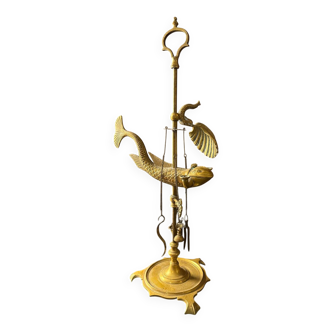 Antique brass oil lamp with fish decoration – marine object – cabinet