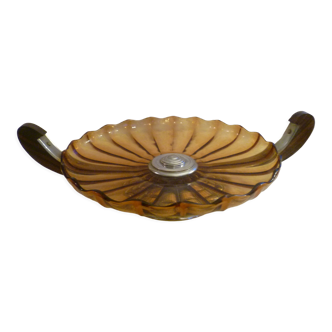 Plat, coupe art deco en metal chrome/verre ambre/palissandre