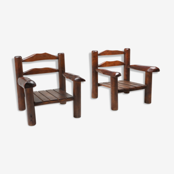 Pair of rustic wooden Wabi Sabi lounge chairs - 1950s