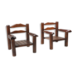 Pair of rustic wooden Wabi Sabi lounge chairs - 1950s