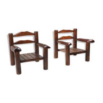 Pair of rustic wooden Wabi Sabi lounge chairs - 1950s