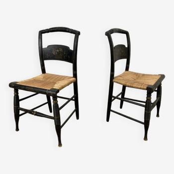 Hitchcock chairs in black wood and straw 1900s