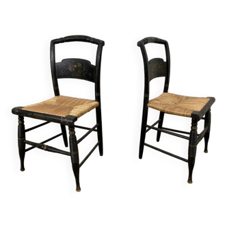 Chaises Hitchcock en bois noir et paille années 1900