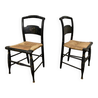 Hitchcock chairs in black wood and straw 1900s
