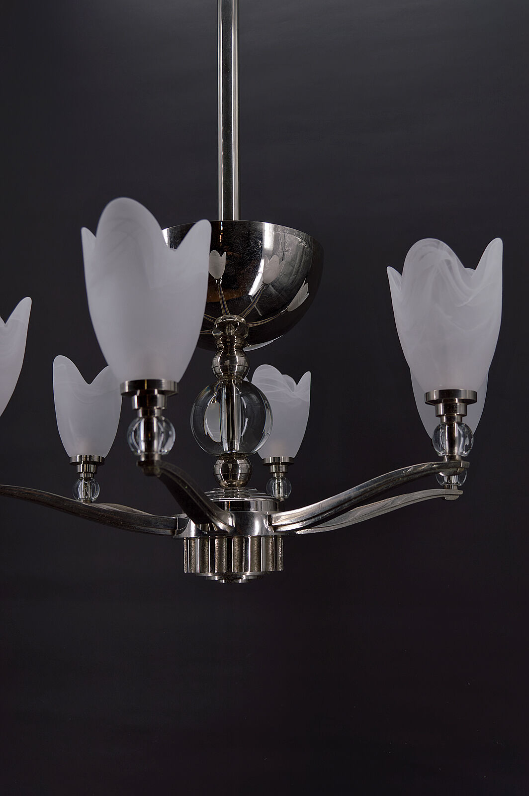 6-spoke Art Deco Modernist chrome chandelier, France, circa 1930
