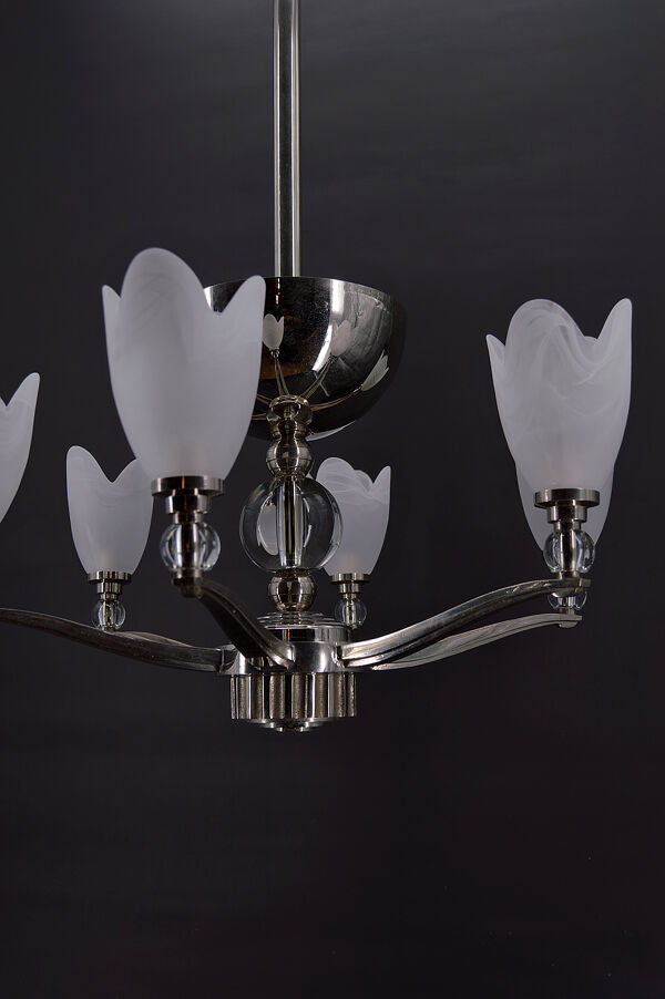 Lustre chromé Art Deco Moderniste à 6 branches, France, circa 1930