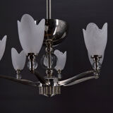 Lustre chromé Art Deco Moderniste à 6 branches, France, circa 1930