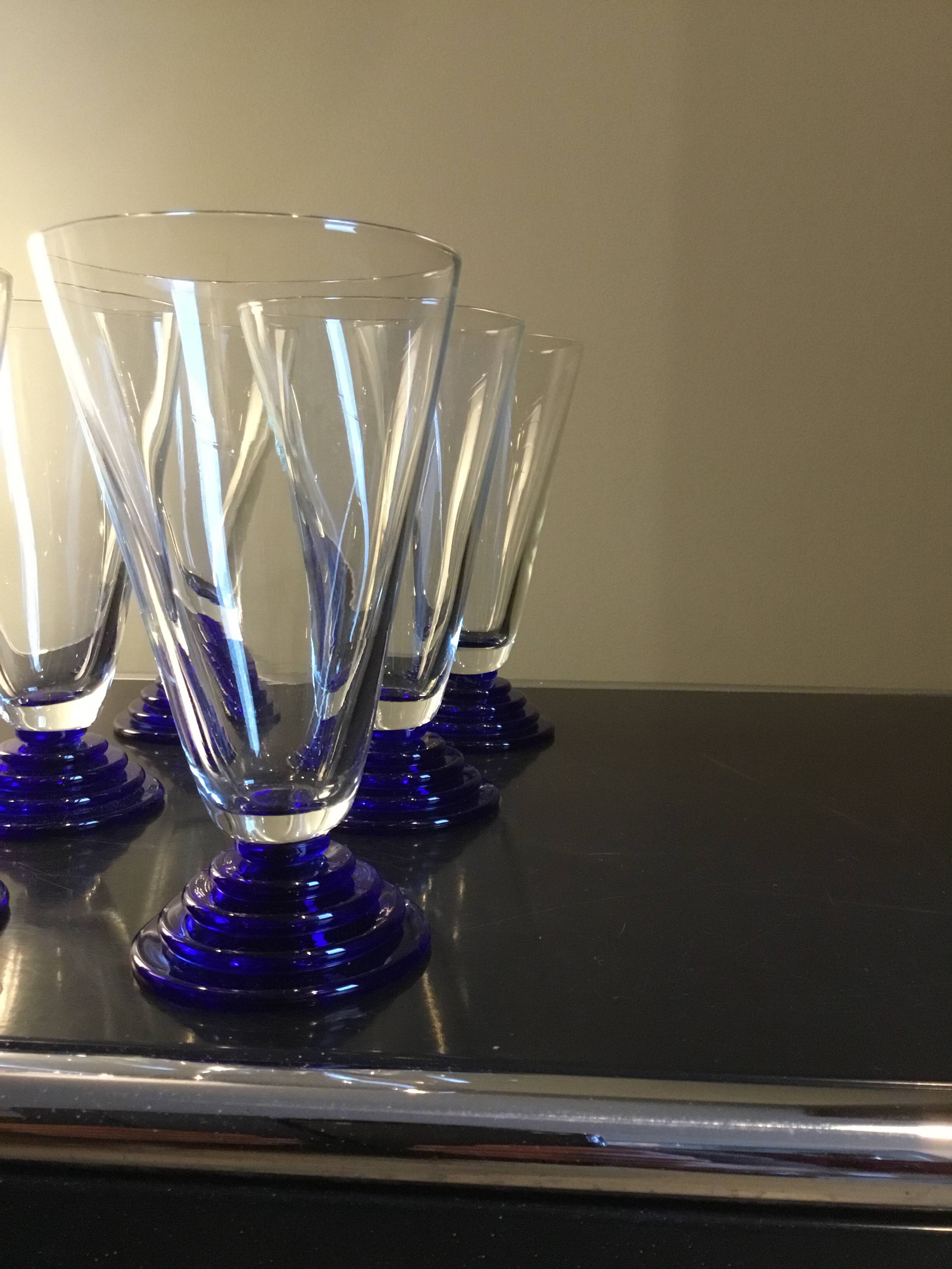 6 cobalt blue Art Deco footed glasses