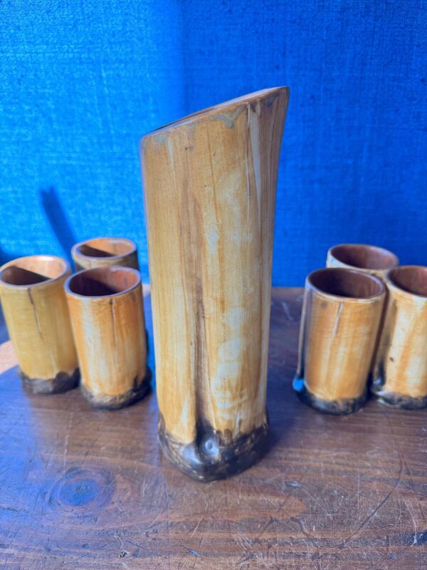 Service à orangeade pichet verre céramique vintage faux bambou 1970