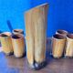 Vintage 1970s ceramic pitcher and glass set for orangeade, faux bamboo.