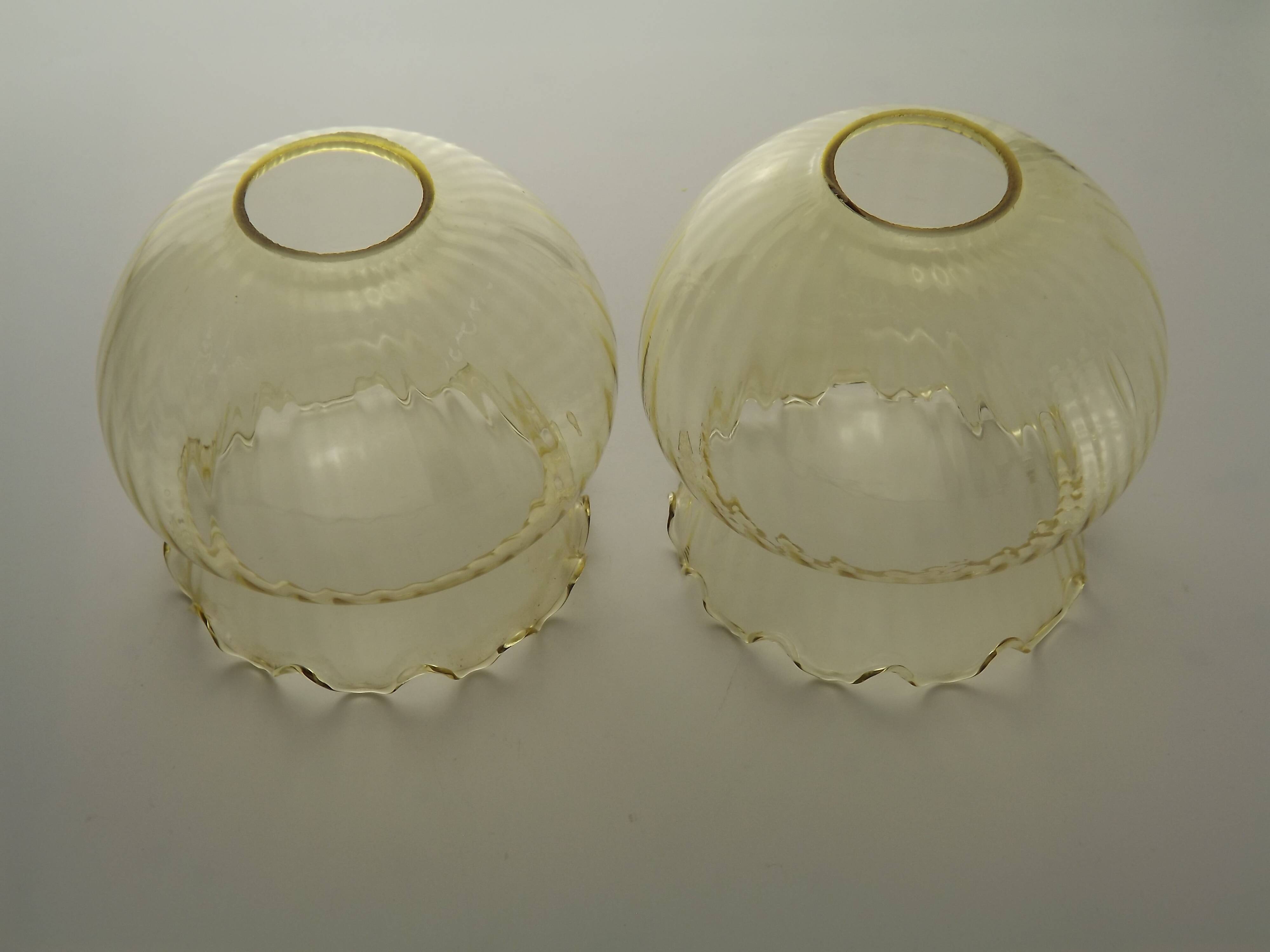 Set of 2 Vintage French Amber Ribbed Effect Glass Shades with Frilled Edge 5595