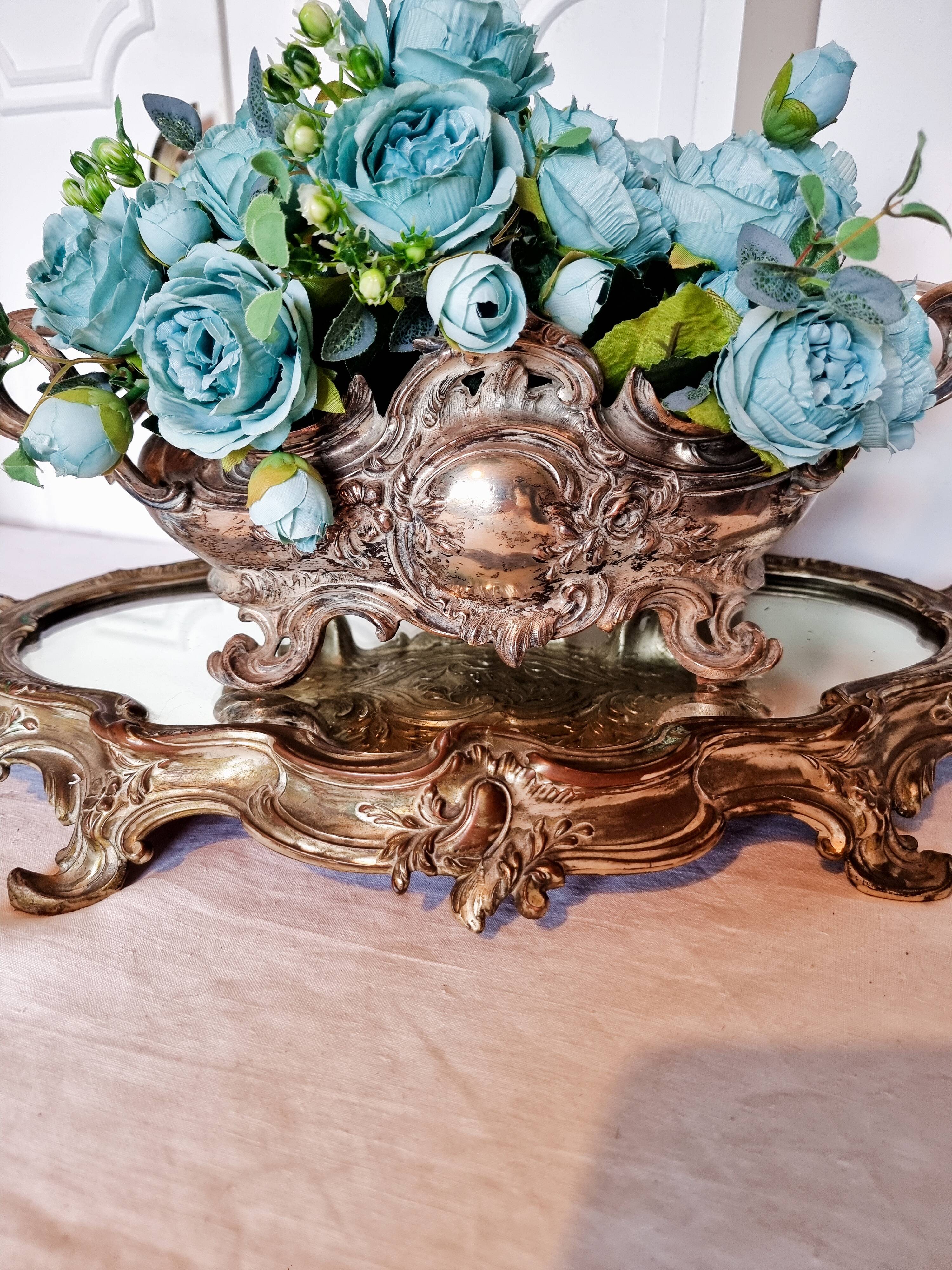 French Art Nouveau planter and "above all" in silver-plated metal and mirror dating from 1900 or earlier