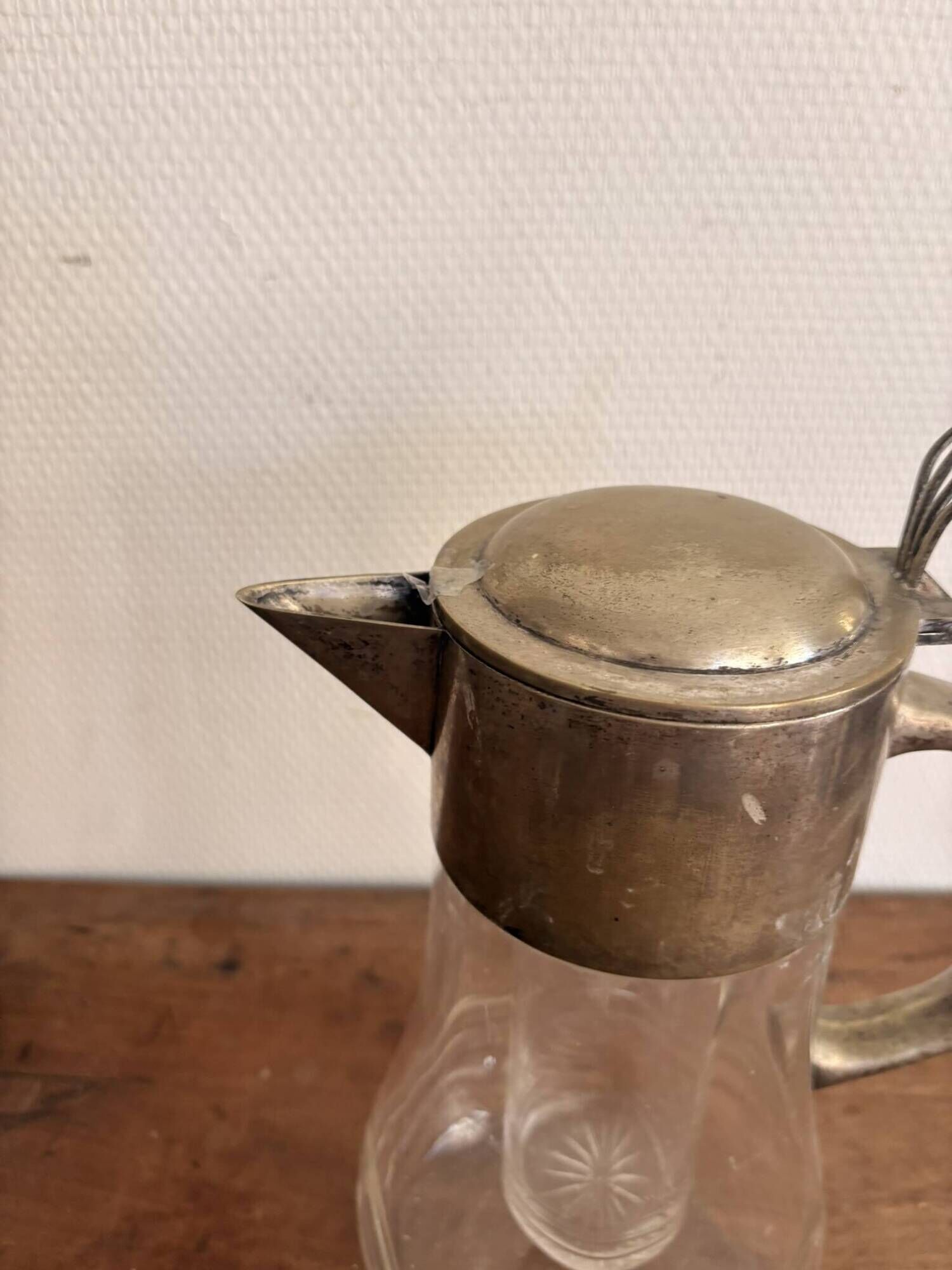 Chiller pitcher, lemonade jug, silver metal glass, Art Nouveau wine carafe.