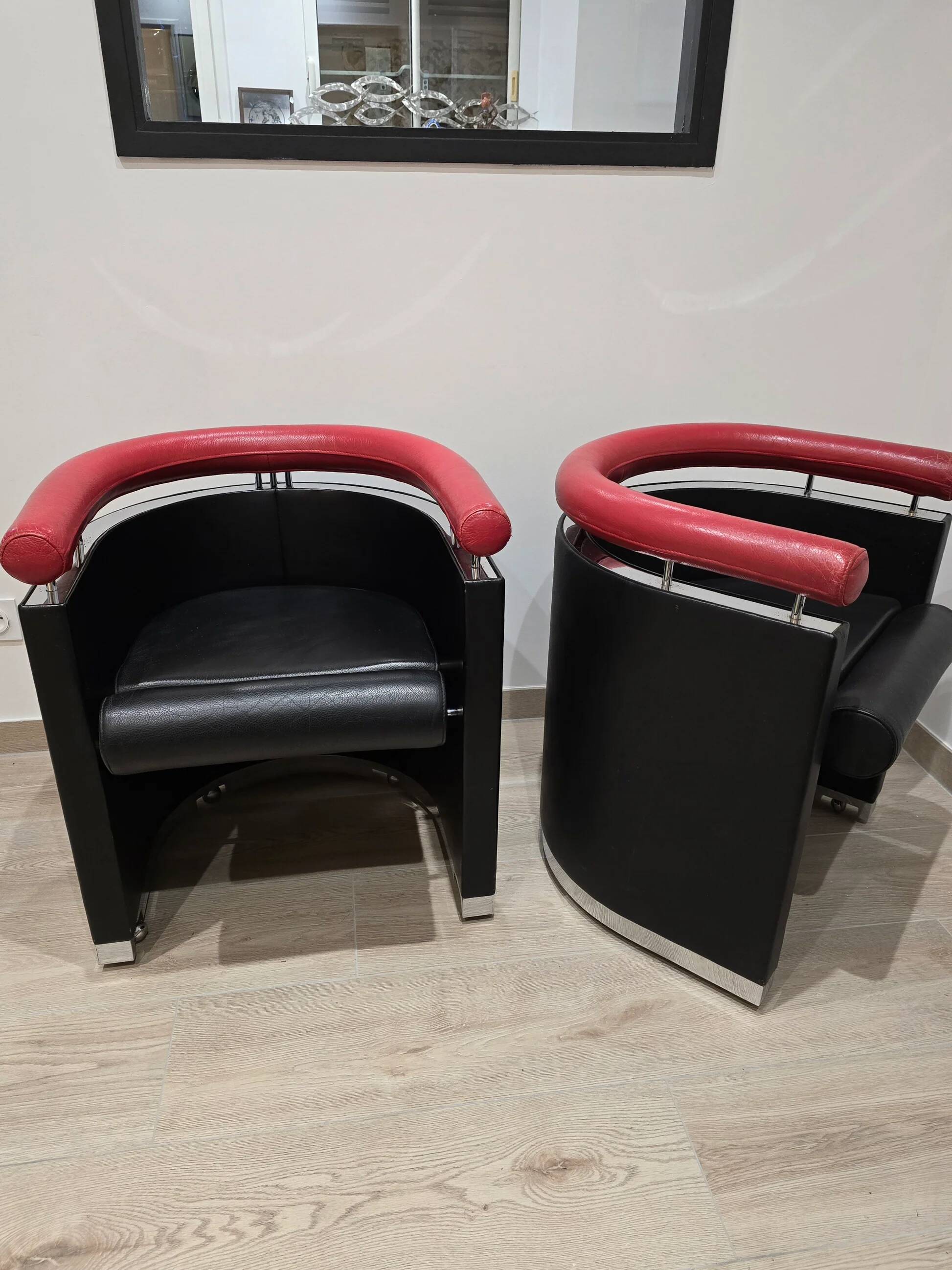 80's design leather and chrome metal armchairs