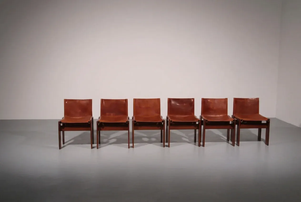 Tobia & Afra Scarpa 'Monk' chairs – walnut & cognac saddle leather