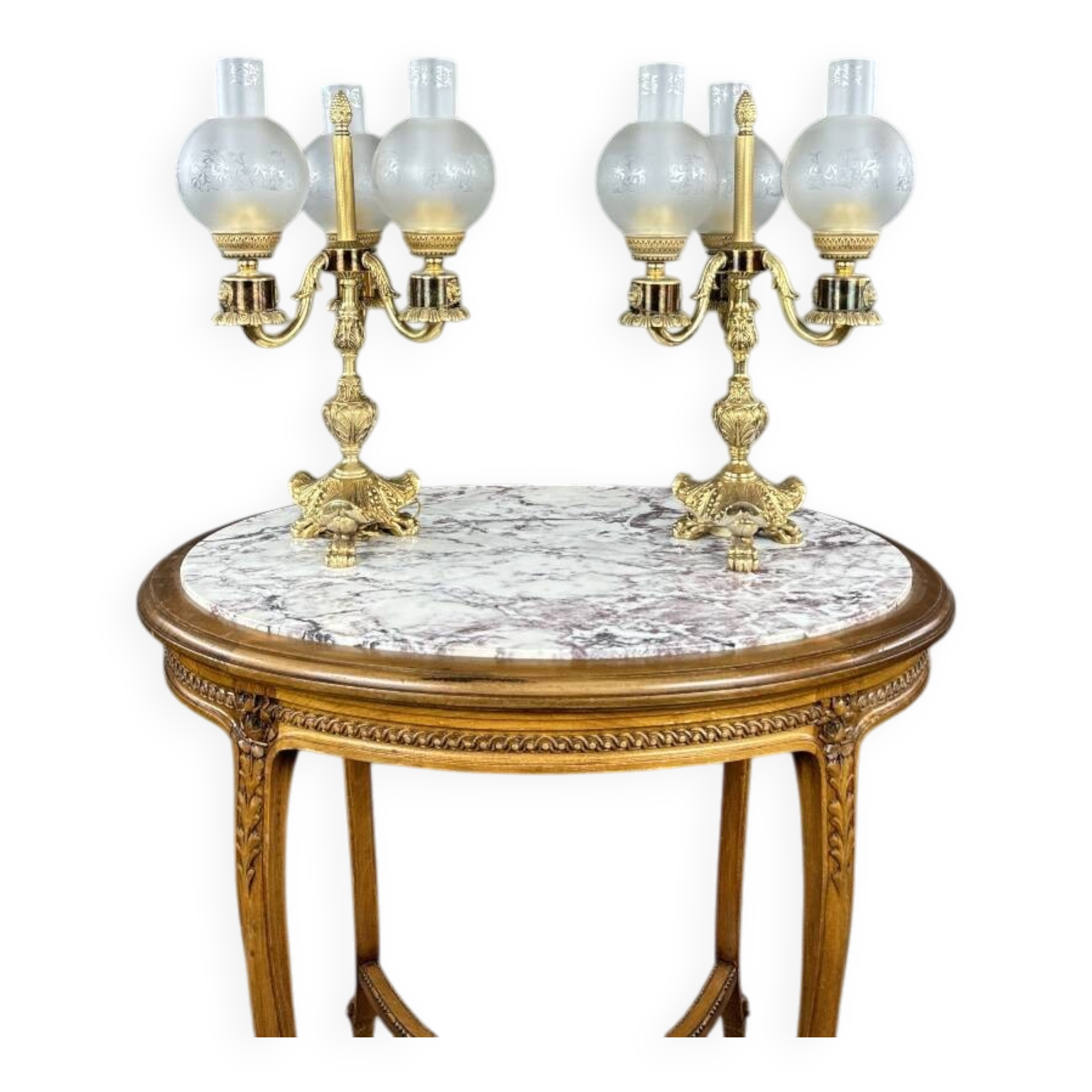 Pair of three-light candelabra in bronze, 20th century