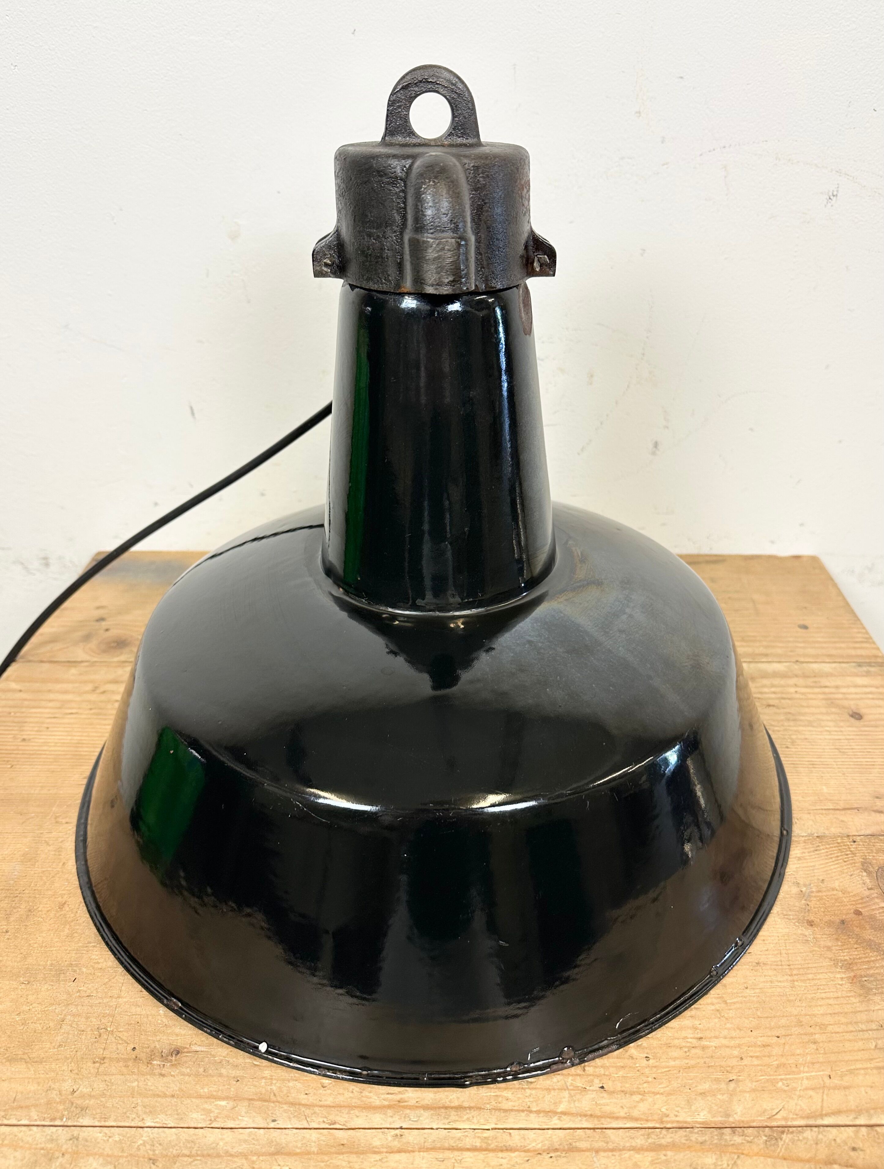 Industrial Black Enamel Factory Lamp with Cast Iron Top, 1950s