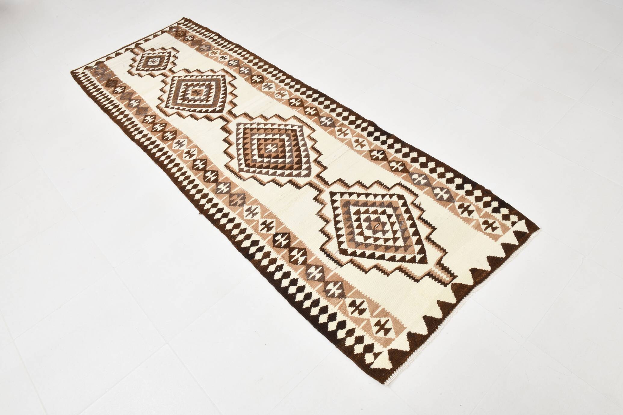 Tapis Kilim marron et crème 3x8, 86x252 cm