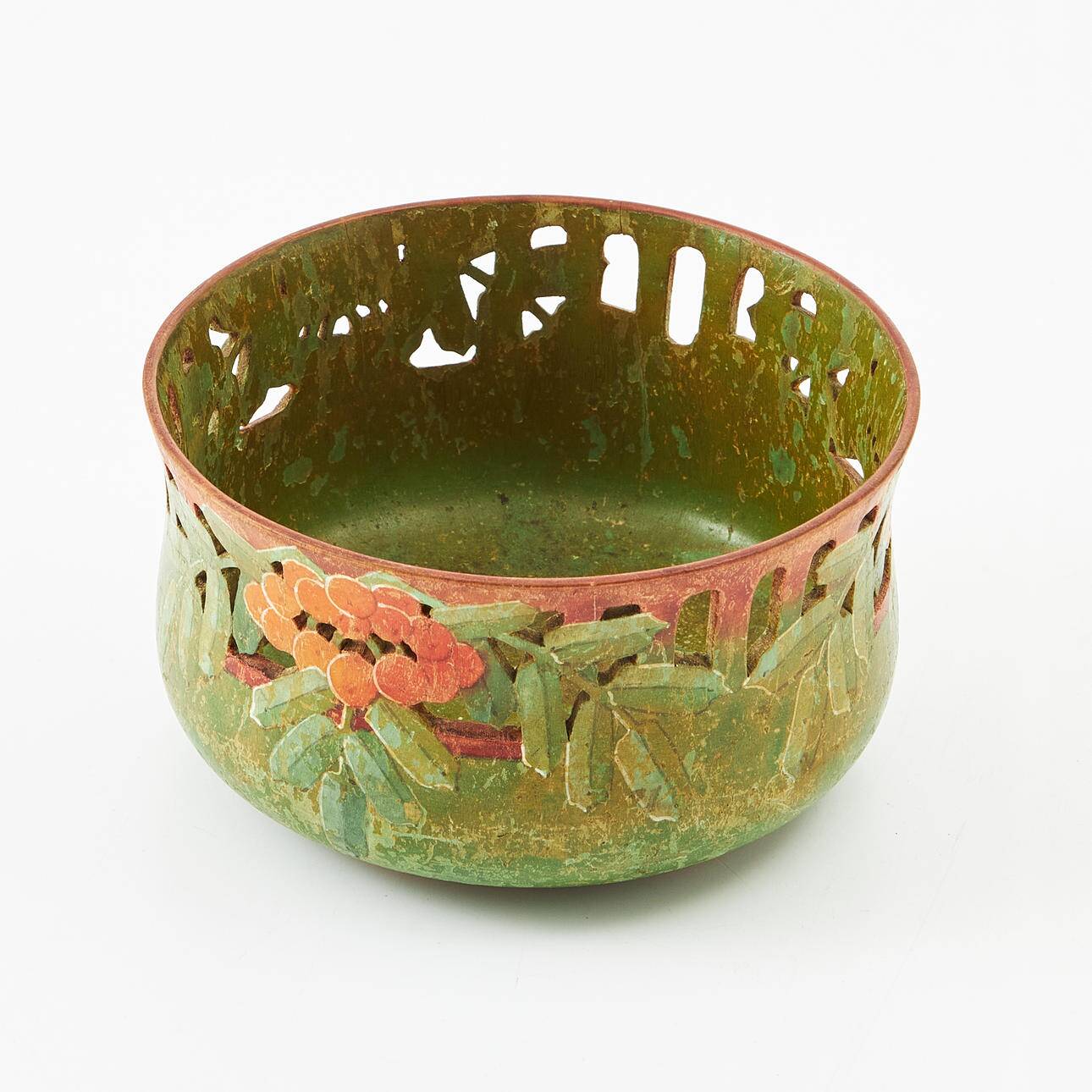 Art Nouveau Wooden Nut Bowl with Openwork and Painted Lingonberry and Foliage Decoration