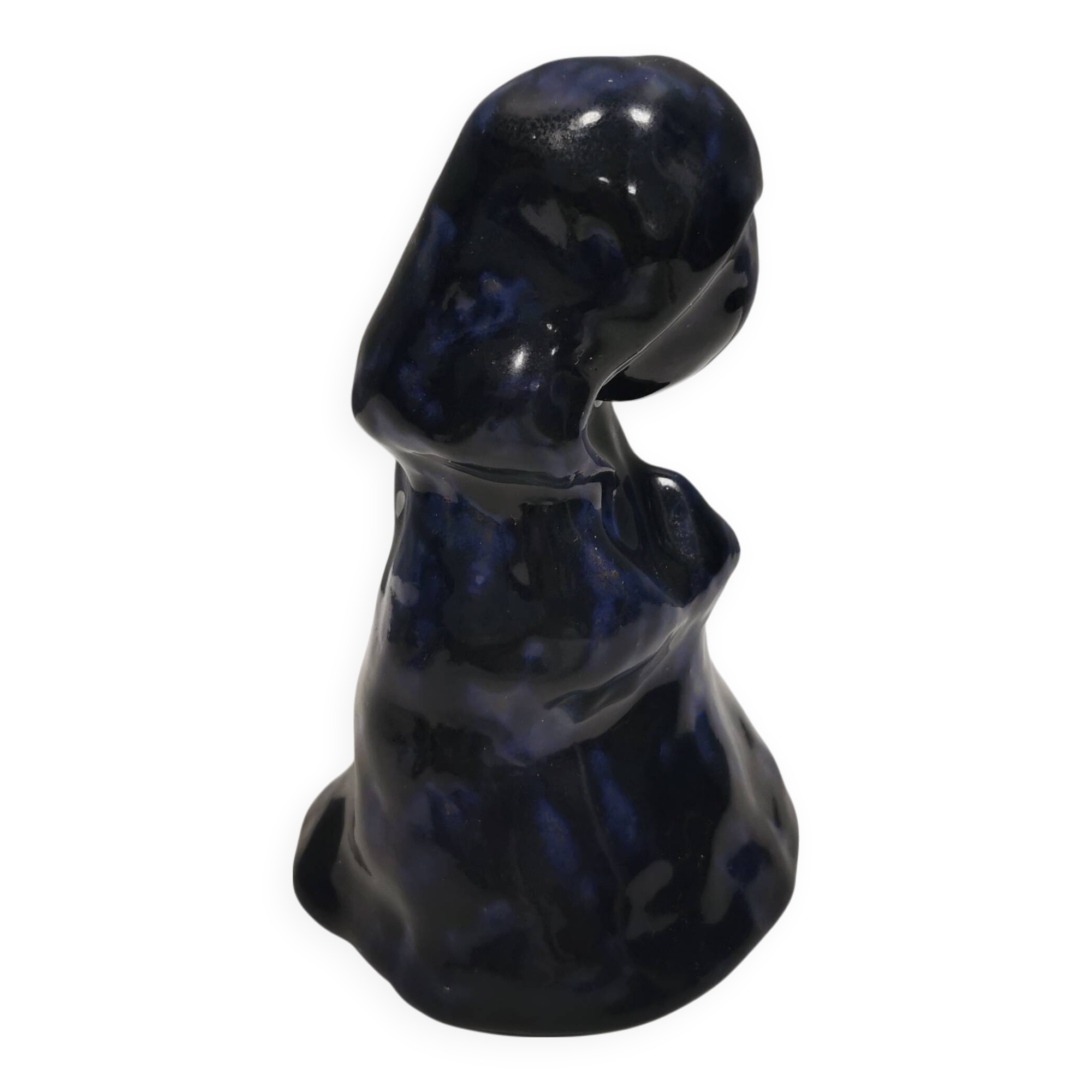 Lady figure in earthenware with shiny blue glaze