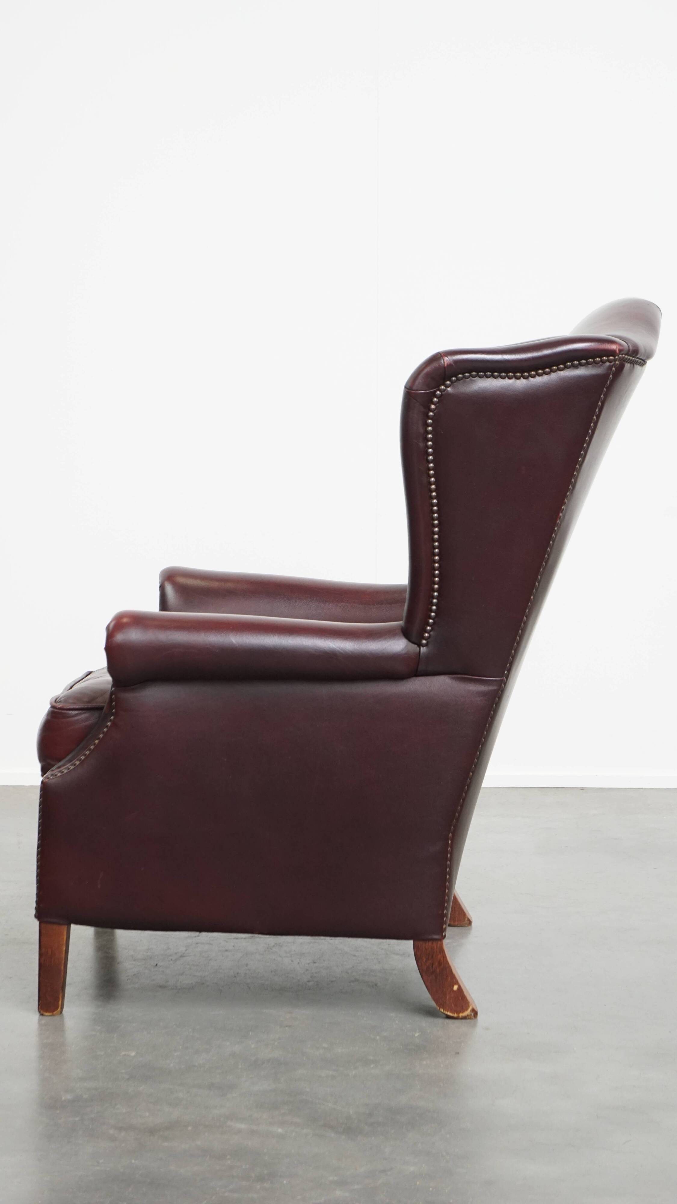Bordeaux Red Cowhide Leather Wingback Chair in English Style