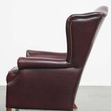 Bordeaux Red Cowhide Leather Wingback Chair in English Style