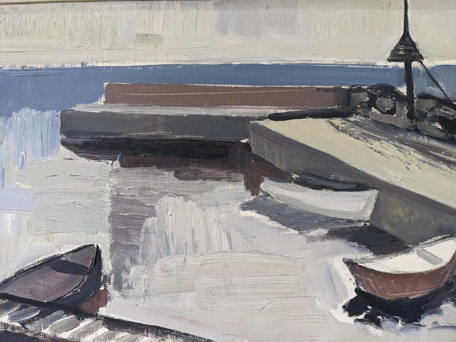 Mid-Century Modern Swedish "Boats at the Jetty" Vintage Coastal Landscape Oil Painting, Framed