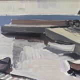 Mid-Century Modern Swedish "Boats at the Jetty" Vintage Coastal Landscape Oil Painting, Framed