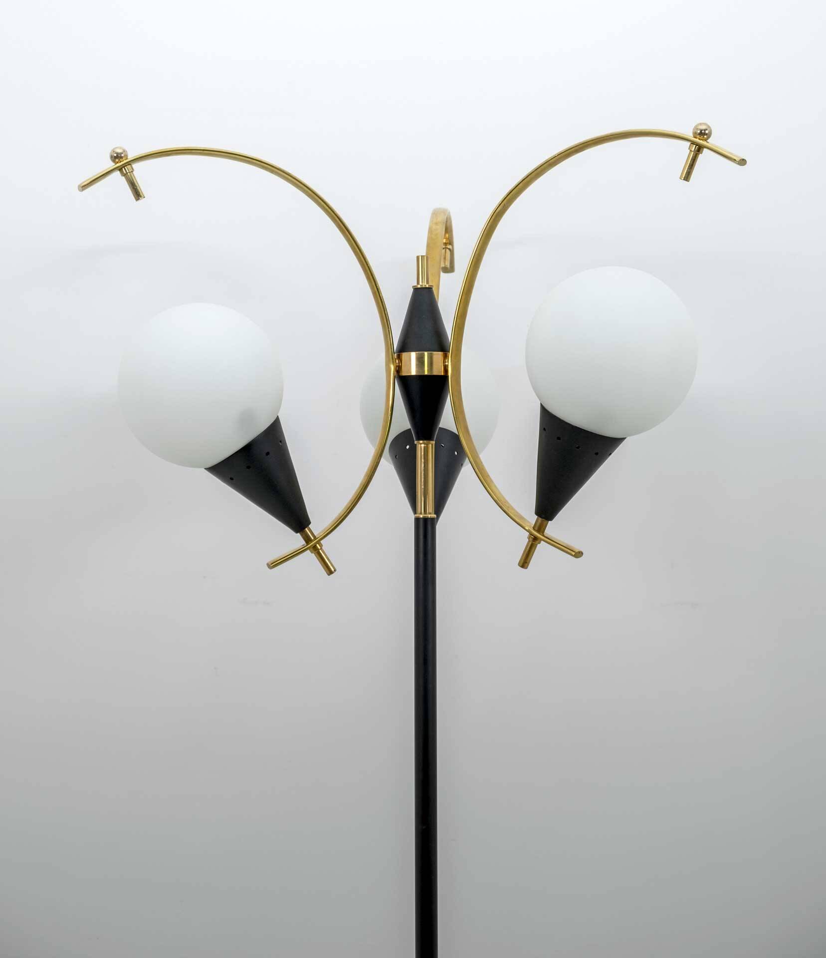 Stilnovo Mid-Century Modern Italian Brass and Opaline Glass Floor Lamp, 50