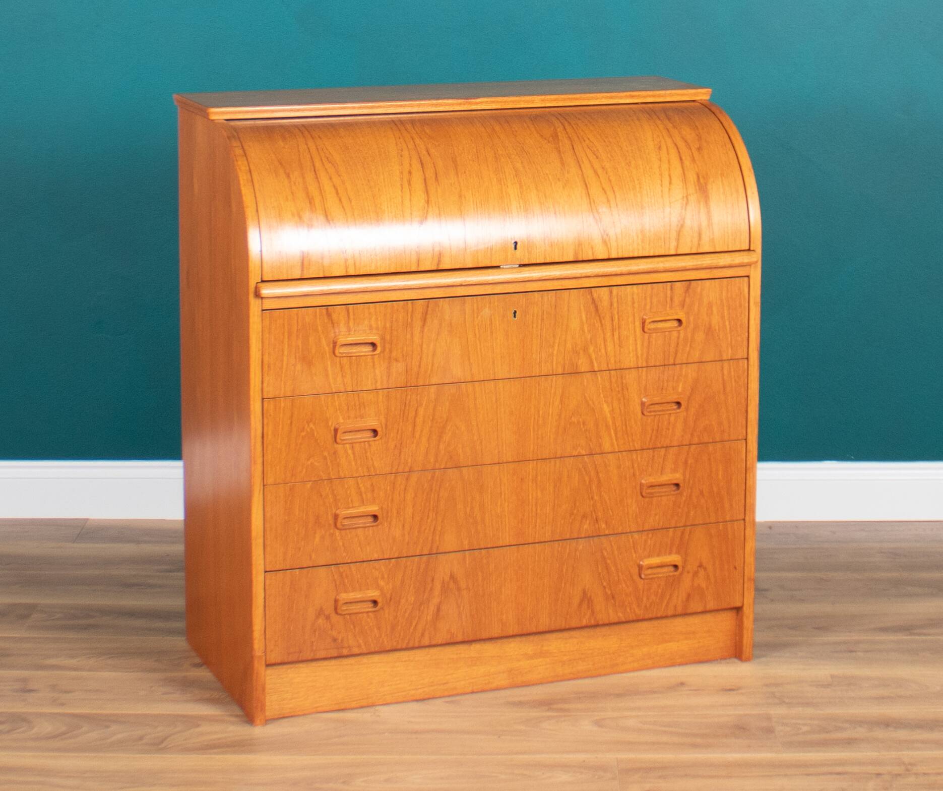 Retro Teak 1960s Danish Tambour Front Roll Top Bureau Writing Desk